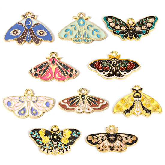 Picture of Zinc Based Alloy Insect Charms Gold Plated Multicolor Moth Sun & Moon Enamel