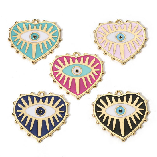 Picture of Zinc Based Alloy Religious Charms Gold Plated Multicolor Heart Evil Eye Enamel 28mm x 27mm