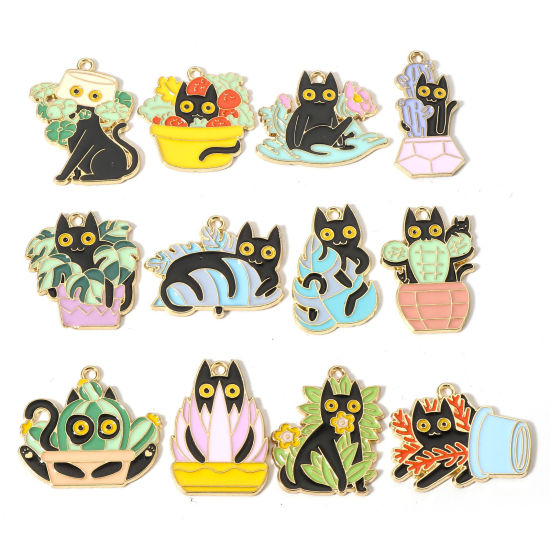 Picture of Zinc Based Alloy Charms Gold Plated Multicolor Flowerpot Cat Enamel