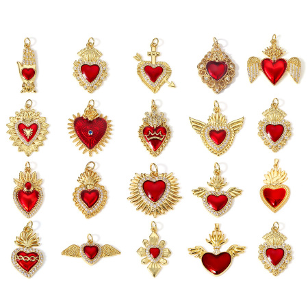 1 Unidad Latón Religión Colgantes 18K Oro Real Chapado Rojo Corazón Exvoto Esmalte Claro Circón Artificial