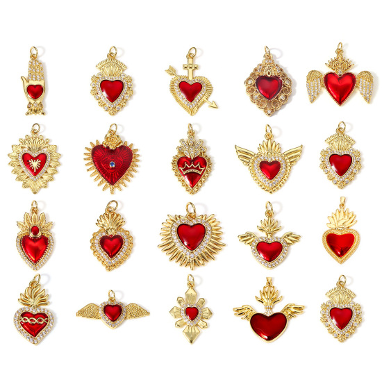 Picture of Brass Religious Pendants 18K Real Gold Plated Red Ex Voto Heart Enamel Clear Cubic Zirconia
