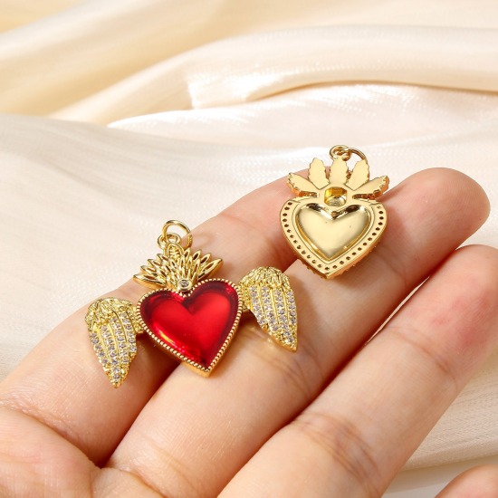 Picture of Brass Religious Pendants 18K Real Gold Plated Red Ex Voto Heart Enamel Clear Cubic Zirconia