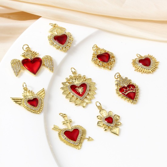 Picture of Brass Religious Pendants 18K Real Gold Plated Red Ex Voto Heart Enamel Clear Cubic Zirconia