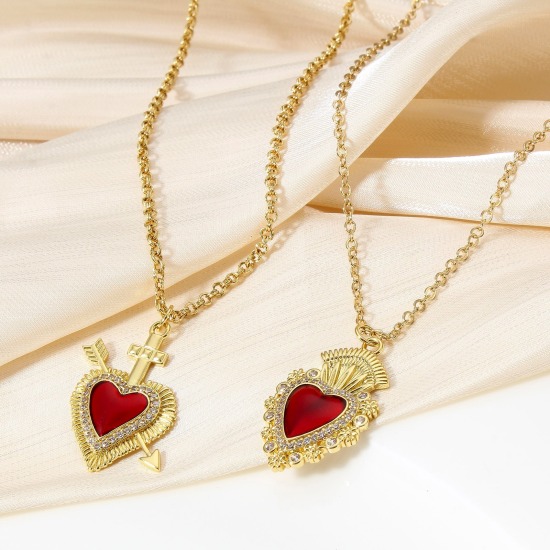 Picture of Brass Religious Pendants 18K Real Gold Plated Red Ex Voto Heart Enamel Clear Cubic Zirconia