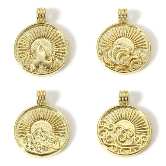 Image de 1 Pièce Breloques en Laiton Soleil Plaqué Or Véritable 18K 22.5mm x 17.5mm