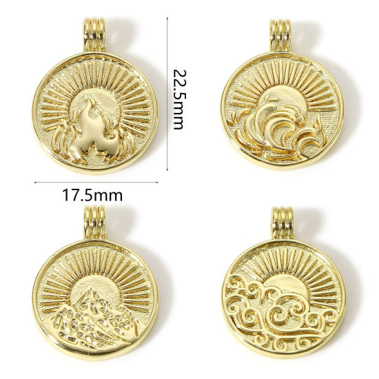 Image de 1 Pièce Breloques en Laiton Soleil Plaqué Or Véritable 18K 22.5mm x 17.5mm