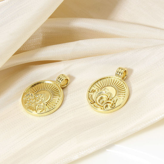 Image de 1 Pièce Breloques en Laiton Soleil Plaqué Or Véritable 18K 22.5mm x 17.5mm