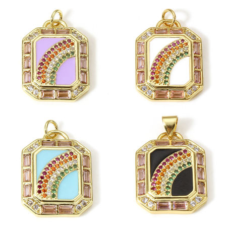 1 個 真鍮 天気コレクション チャーム 長方形 K18ゴールドフィルド 多色 虹 エナメル 多色ジルコン 26mmx 17.5mm