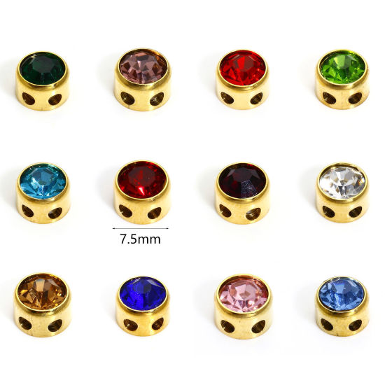 Picture of 304 Stainless Steel Birthstone Beads For DIY Charm Jewelry Making Round Multicolor Rhinestone 7.5mm Dia.