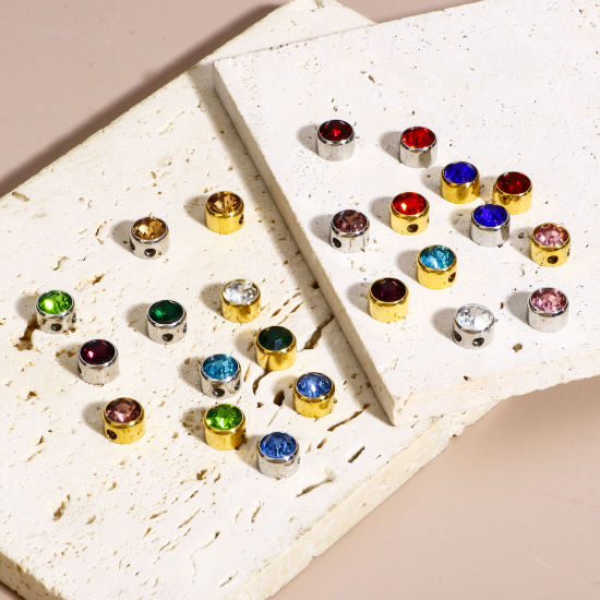 Picture of 304 Stainless Steel Birthstone Beads For DIY Charm Jewelry Making Round Multicolor Rhinestone 7.5mm Dia.