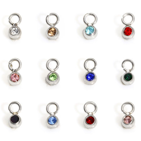304 Stainless Steel Birthstone Charms Silver Tone Round 6mm x 3mm