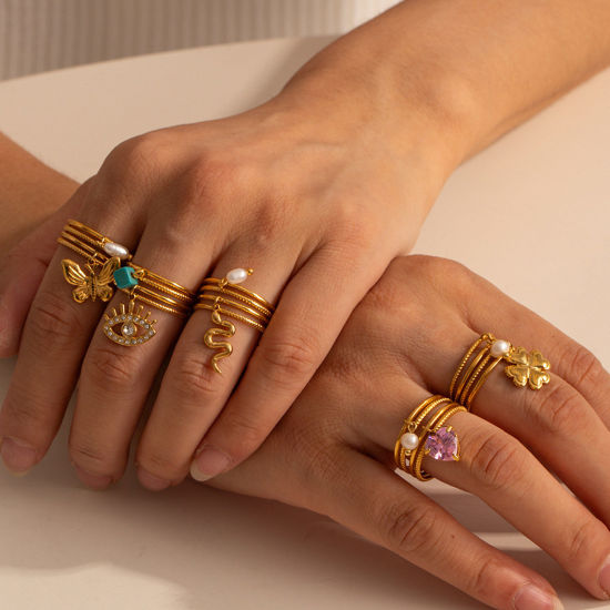 Imagen de 1 Unidad Enchapado al Vacío Ecológico Retro Elegante 18K Oro Real Chapado 304 Acero Inoxidable y Diamantes de Imitación Abierto Corazón Flor Anillos Para Mujeres Fiesta