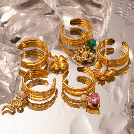 Imagen de 1 Unidad Enchapado al Vacío Ecológico Retro Elegante 18K Oro Real Chapado 304 Acero Inoxidable y Diamantes de Imitación Abierto Corazón Flor Anillos Para Mujeres Fiesta