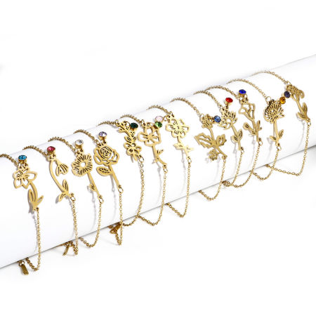 1 Unidad 304 Acero Inoxidable Flor del Mes de Nacimiento Cable Cadena Cruz Pulseras Chapado en Oro de 18K Multicolor Rhinestone 16cm longitud