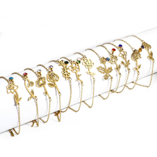 Image de 1 Pièce Bracelets Chaîne Maille Forçat Fleur de Mois de Naissance en 304 Acier Inoxydable Plaqué Or 18K Strass Coloré 16cm long