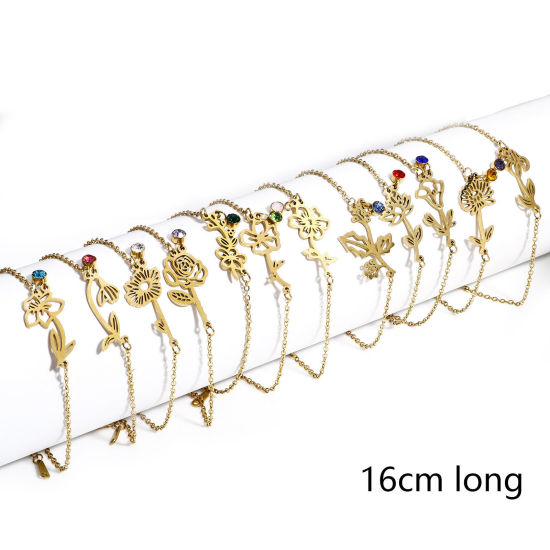 Image de 1 Pièce Bracelets Chaîne Maille Forçat Fleur de Mois de Naissance en 304 Acier Inoxydable Plaqué Or 18K Strass Coloré 16cm long