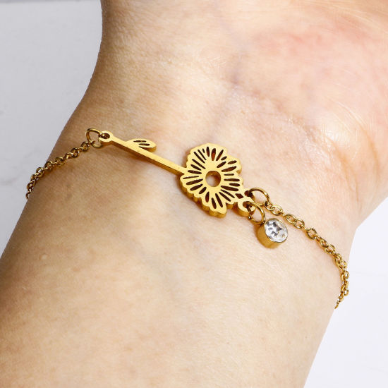 Image de 1 Pièce Bracelets Chaîne Maille Forçat Fleur de Mois de Naissance en 304 Acier Inoxydable Plaqué Or 18K Strass Coloré 16cm long