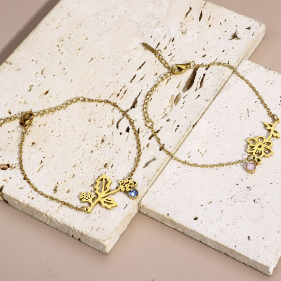 Image de 1 Pièce Bracelets Chaîne Maille Forçat Fleur de Mois de Naissance en 304 Acier Inoxydable Plaqué Or 18K Strass Coloré 16cm long