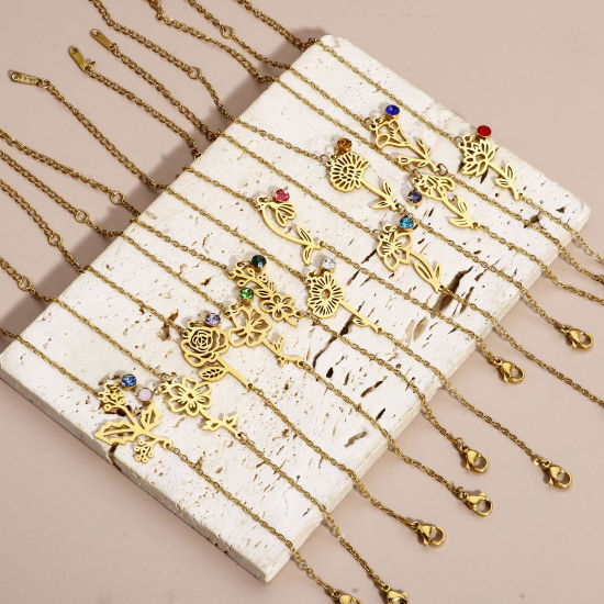 Image de 1 Pièce Bracelets Chaîne Maille Forçat Fleur de Mois de Naissance en 304 Acier Inoxydable Plaqué Or 18K Strass Coloré 16cm long