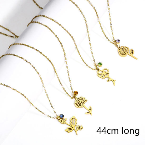 Immagine di 1 Pz 304 Acciaio Inossidabile Fiore del Mese di Nascita Cavo Catena Collana Placcato Oro 18K 44cm Lunghezza