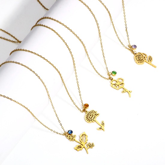 Immagine di 1 Pz 304 Acciaio Inossidabile Fiore del Mese di Nascita Cavo Catena Collana Placcato Oro 18K 44cm Lunghezza