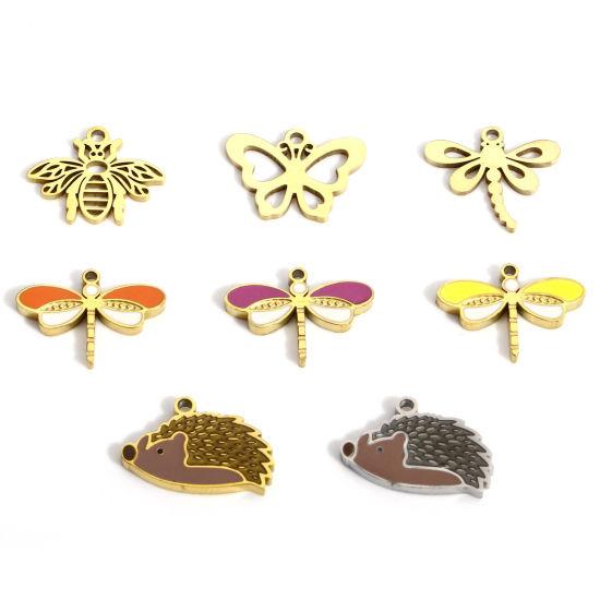 Picture of 316L Stainless Steel Insect Charms 18K Real Gold Plated Bee Animal Dragonfly Hollow