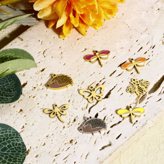 Picture of 316L Stainless Steel Insect Charms 18K Real Gold Plated Bee Animal Dragonfly Hollow