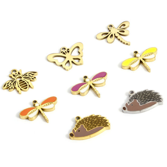 Picture of 316L Stainless Steel Insect Charms 18K Real Gold Plated Bee Animal Dragonfly Hollow