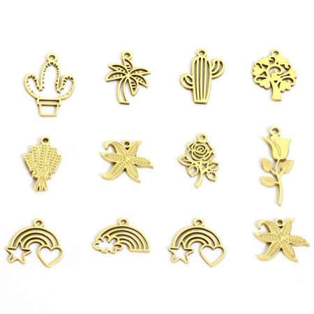 316L Stainless Steel Pastoral Style Charms 18K Real Gold Plated Cactus Hollow