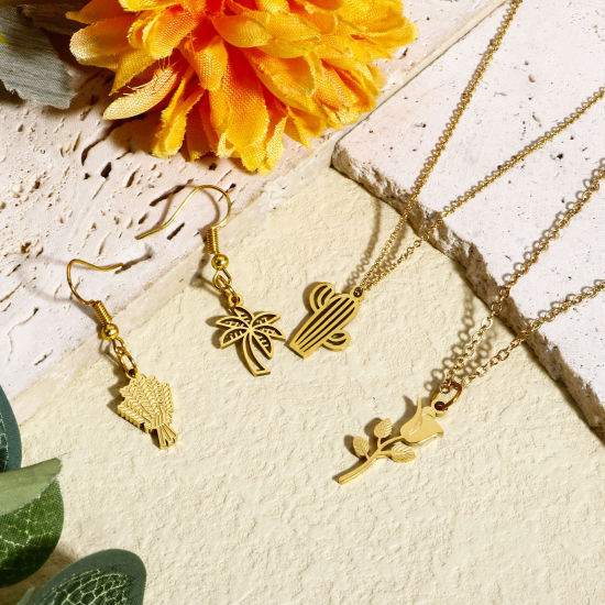 Immagine di 2 Pz 316L Acciaio inossidabile Stile Pastorale Ciondoli Cactus 18K Vero Oro Placcato Filigrana