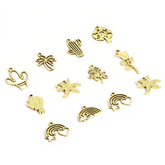 Immagine di 2 Pz 316L Acciaio inossidabile Stile Pastorale Ciondoli Cactus 18K Vero Oro Placcato Filigrana