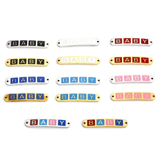 Imagen de 2 Unidades Enchapado al Vacío 304 Acero Inoxidable día de San Valentín Conectores Dijes Colgantes Rectángulo Mensaje " Bebé " Esmalte 3cm x 0.6cm
