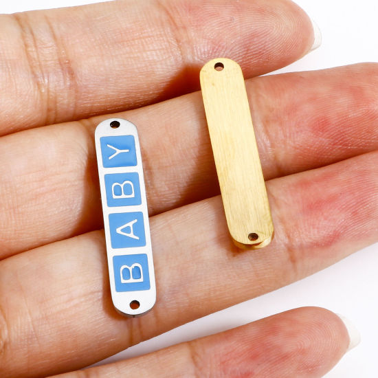 Imagen de 2 Unidades Enchapado al Vacío 304 Acero Inoxidable día de San Valentín Conectores Dijes Colgantes Rectángulo Mensaje " Bebé " Esmalte 3cm x 0.6cm