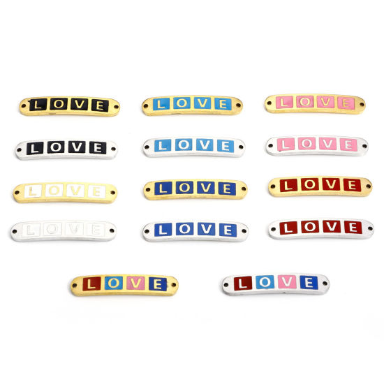 Picture of 2 PCs Vacuum Plating 304 Stainless Steel Valentine's Day Connectors Charms Pendants Rectangle Message " LOVE " Enamel 3cm x 0.6cm
