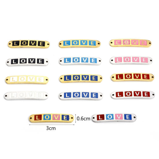 Picture of 2 PCs Vacuum Plating 304 Stainless Steel Valentine's Day Connectors Charms Pendants Rectangle Message " LOVE " Enamel 3cm x 0.6cm