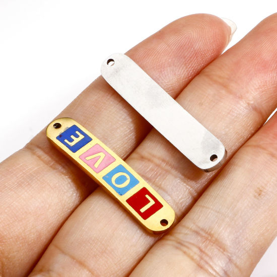 Picture of 2 PCs Vacuum Plating 304 Stainless Steel Valentine's Day Connectors Charms Pendants Rectangle Message " LOVE " Enamel 3cm x 0.6cm