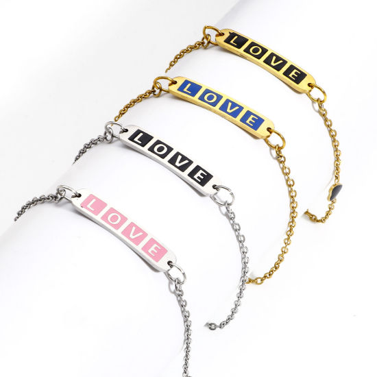 Picture of 2 PCs Vacuum Plating 304 Stainless Steel Valentine's Day Connectors Charms Pendants Rectangle Message " LOVE " Enamel 3cm x 0.6cm