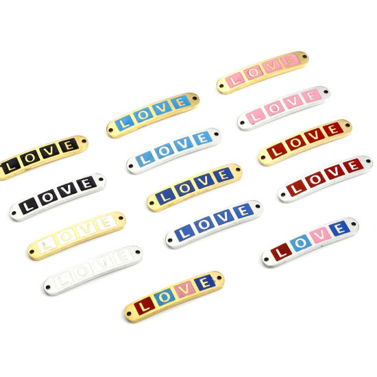 Picture of 2 PCs Vacuum Plating 304 Stainless Steel Valentine's Day Connectors Charms Pendants Rectangle Message " LOVE " Enamel 3cm x 0.6cm