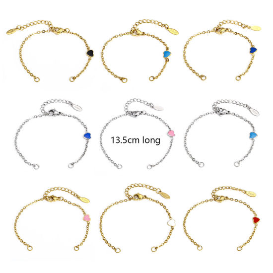 Picture of 304 Stainless Steel Valentine's Day Link Cable Chain Semi-finished Bracelets For DIY Handmade Jewelry Making Heart Enamel 13.5cm(5 3/8") long