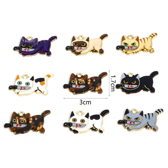 Immagine di 10 Pz Lega di Zinco Halloween Ciondoli Oro Placcato Multicolore Gatto Coltello Smalto 3cm x 1.7cm