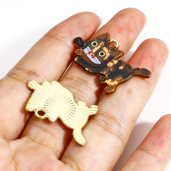 Immagine di 10 Pz Lega di Zinco Halloween Ciondoli Oro Placcato Multicolore Gatto Coltello Smalto 3cm x 1.7cm