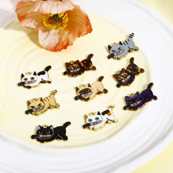 Immagine di 10 Pz Lega di Zinco Halloween Ciondoli Oro Placcato Multicolore Gatto Coltello Smalto 3cm x 1.7cm