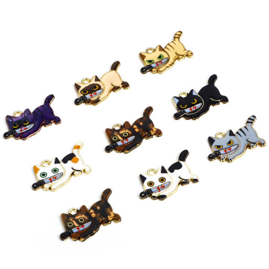 Immagine di 10 Pz Lega di Zinco Halloween Ciondoli Oro Placcato Multicolore Gatto Coltello Smalto 3cm x 1.7cm