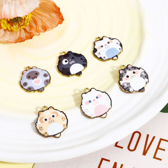 Immagine di 10 Pz Lega di Zinco Charms Oro Placcato Multicolore Gatto Smalto 22mm x 20mm