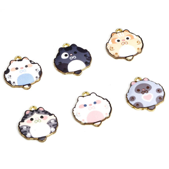 Immagine di 10 Pz Lega di Zinco Charms Oro Placcato Multicolore Gatto Smalto 22mm x 20mm