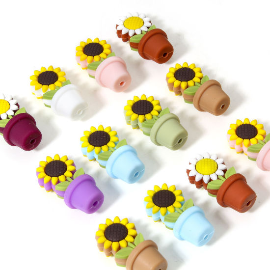 Picture of Silicone Flora Collection Beads For DIY Jewelry Making Sunflower Multicolor 3D About 3cm x 1.5cm, Hole: Approx 2.4mm