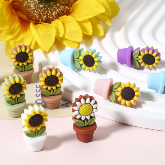 Picture of Silicone Flora Collection Beads For DIY Jewelry Making Sunflower Multicolor 3D About 3cm x 1.5cm, Hole: Approx 2.4mm