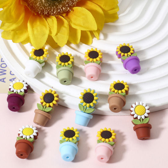 Picture of Silicone Flora Collection Beads For DIY Jewelry Making Sunflower Multicolor 3D About 3cm x 1.5cm, Hole: Approx 2.4mm