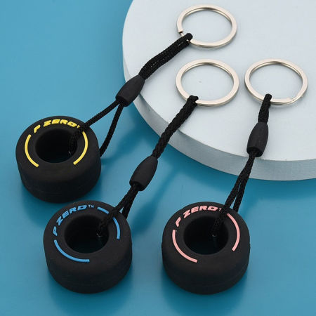 PVC Cute Keychain & Keyring Silver Tone Black Wheel