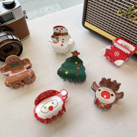 Picture of Acrylic Cute Hair Claw Clips Clamps Multicolor Christmas Santa Claus Christmas Snowman